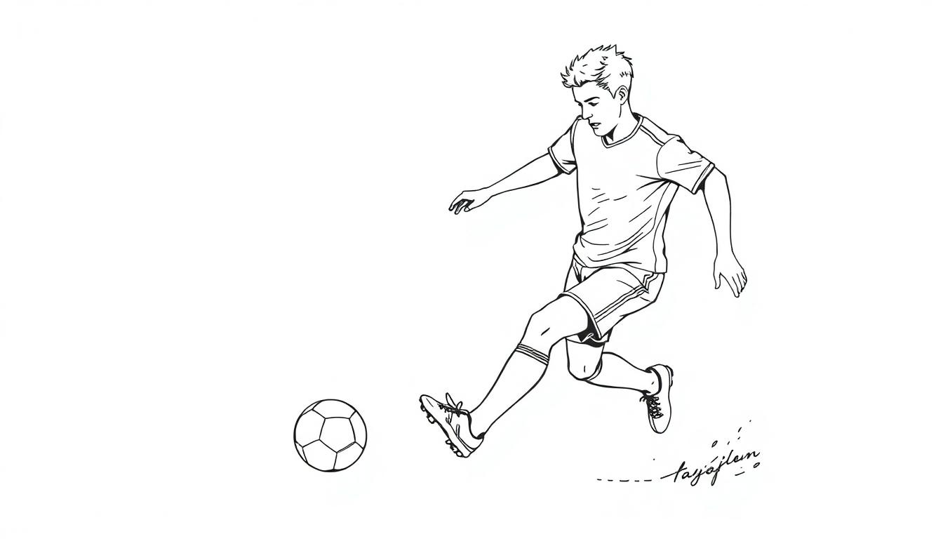 Kleurplaat van een voetballer die een bal schopt, sportief getekend in actie.