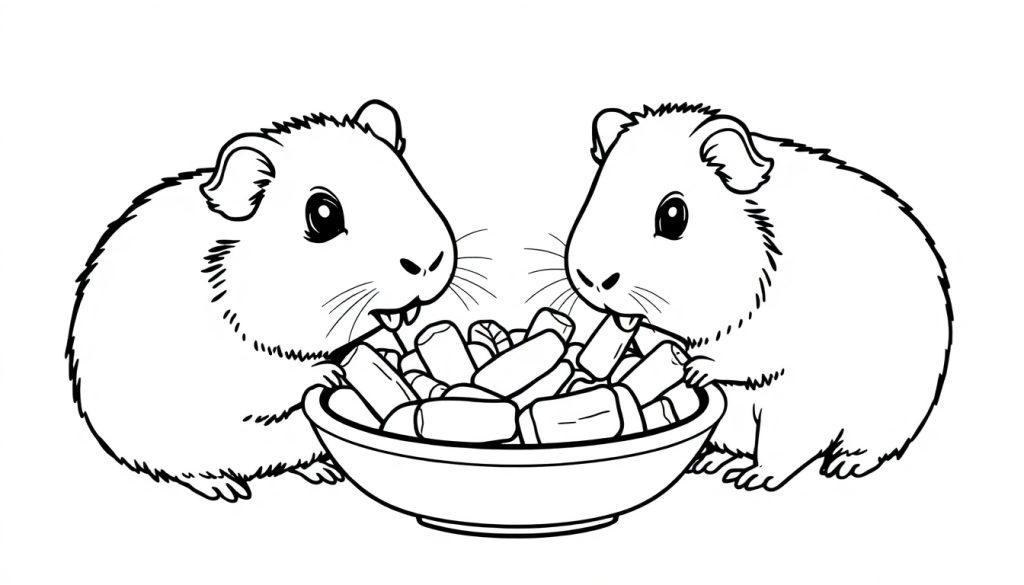 Een lijntekening-kleurplaat van twee cavia's die samen eten uit een schaal met voedselbrokjes.