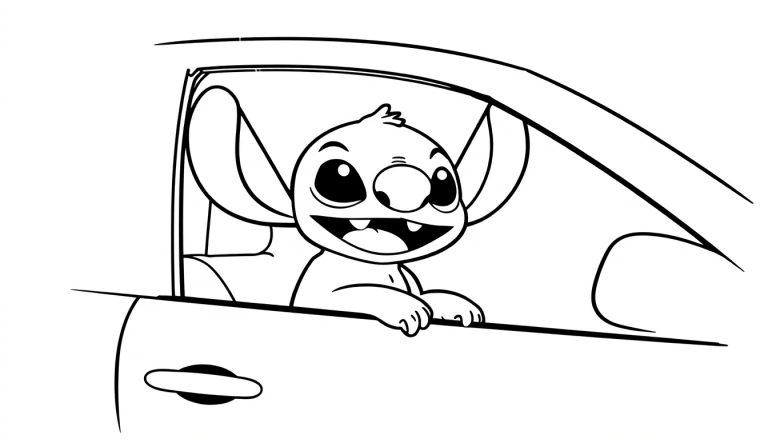 Kleurplaat van Stitch die vrolijk uit het raam van een auto hangt met een brede glimlach en grote oren.