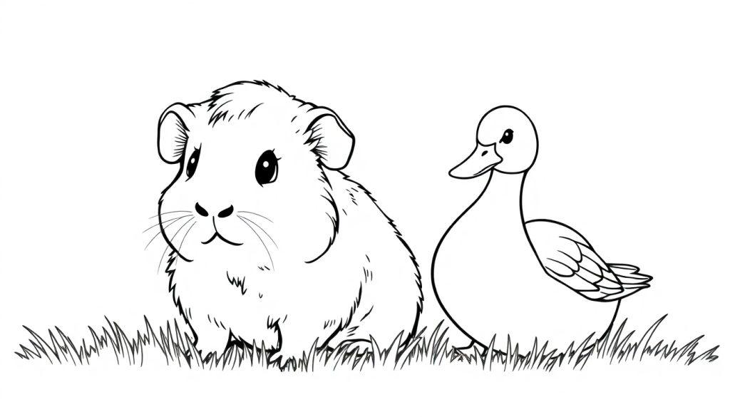 Zwart-witte lijntekening van een cavia en een eend als kleurplaat in gras.