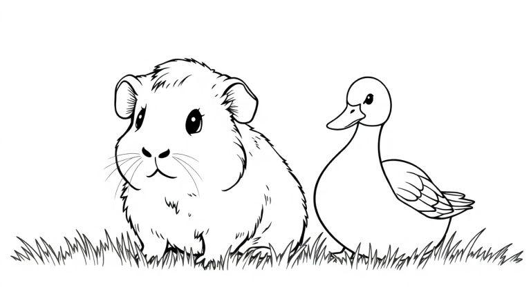 Zwart-witte lijntekening van een cavia en een eend als kleurplaat in gras.