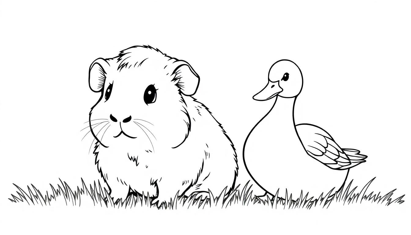 Zwart-witte lijntekening van een cavia en een eend als kleurplaat in gras.