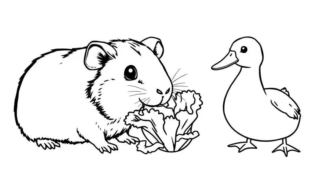 Zwart-wit kleurplaat van een cavia die sla eet en een eend die toekijkt.