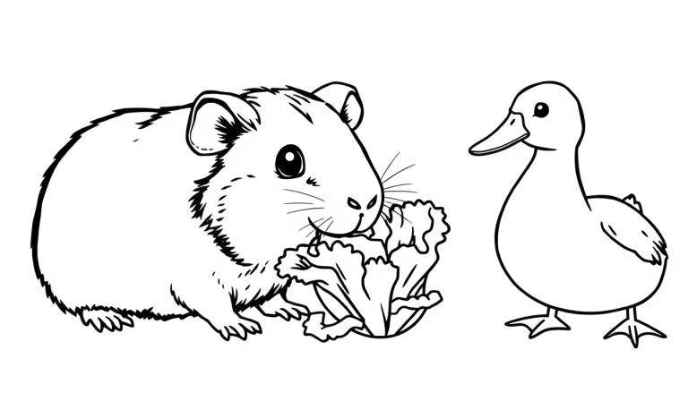 Zwart-wit kleurplaat van een cavia die sla eet en een eend die toekijkt.