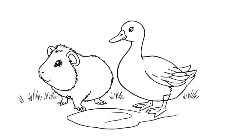 Kleurplaat van een schattige cavia en een eend naast een plas water, met gras op de achtergrond.