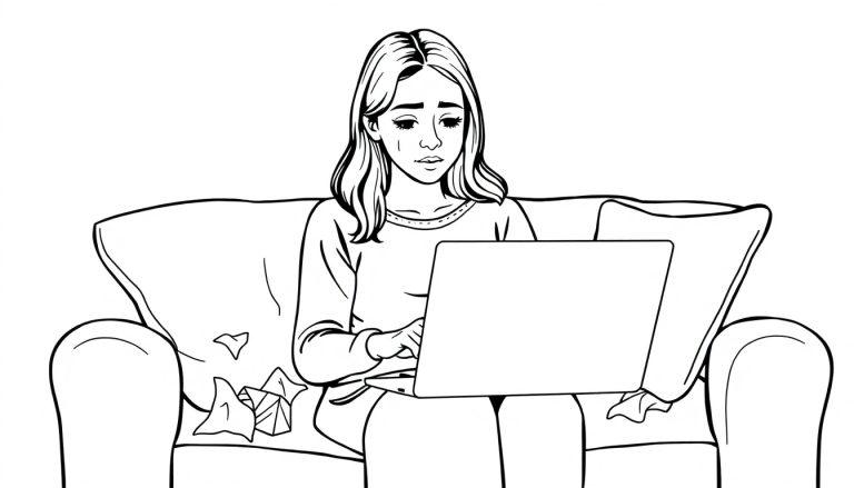 Kleurplaat van een jonge vrouw met wipneus, die op een hoekbank zit met een laptop op schoot en verkreukelde papiertjes om haar heen.