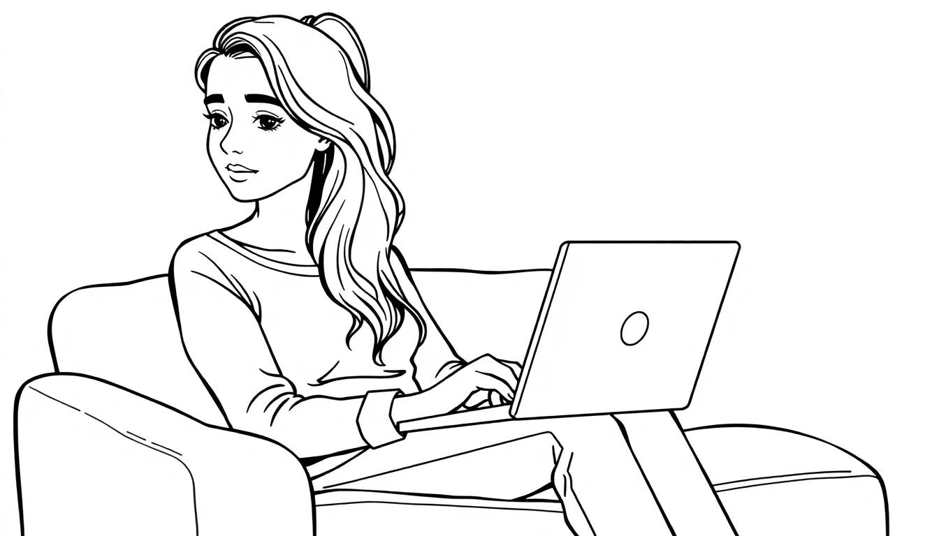 Kleurplaat van een jonge vrouw met wipneus, zittend op een hoekbank met een laptop op schoot.