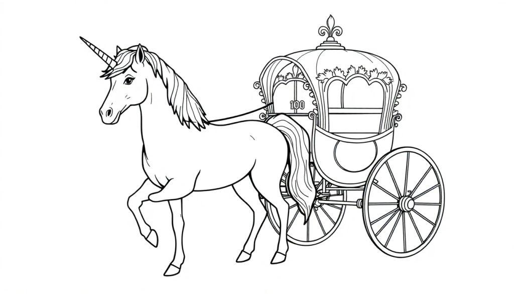 Kleurplaat van een eenhoorn die een decoratieve koets trekt.