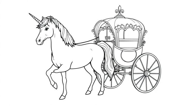 Kleurplaat van een eenhoorn die een decoratieve koets trekt.