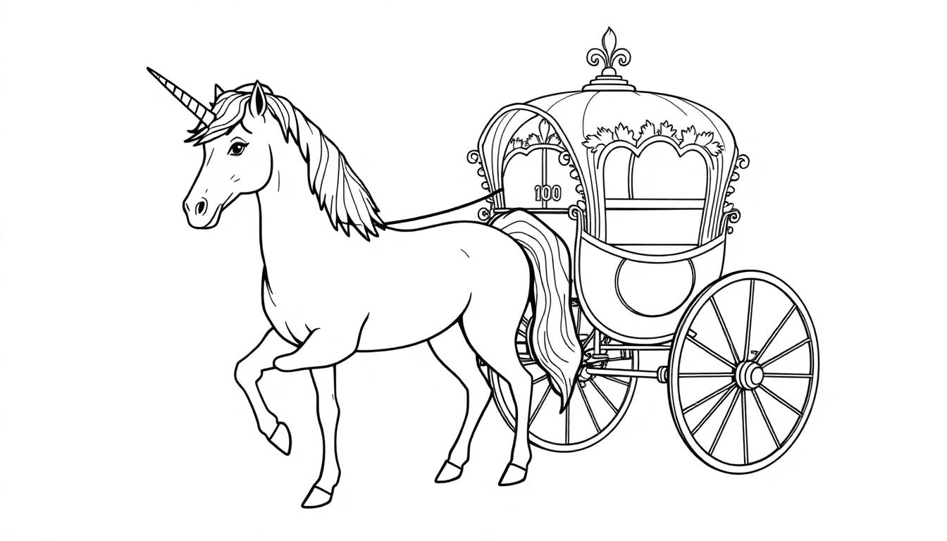 Kleurplaat van een eenhoorn die een decoratieve koets trekt.