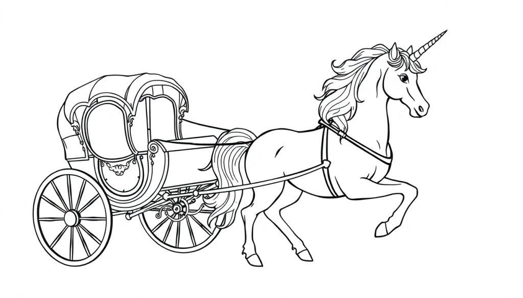 Kleurplaat van een lijntekening met een eenhoorn die een sierlijke koets trekt.