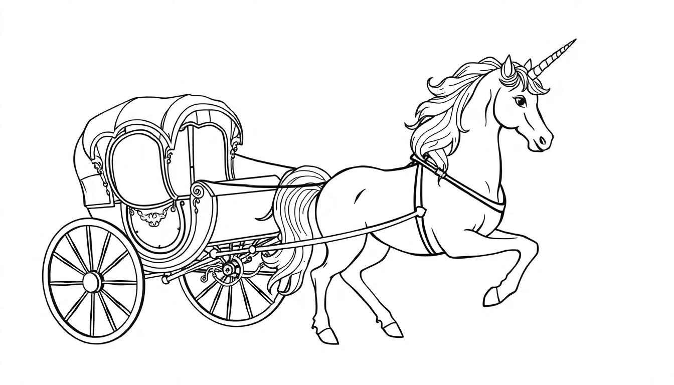 Kleurplaat van een lijntekening met een eenhoorn die een sierlijke koets trekt.