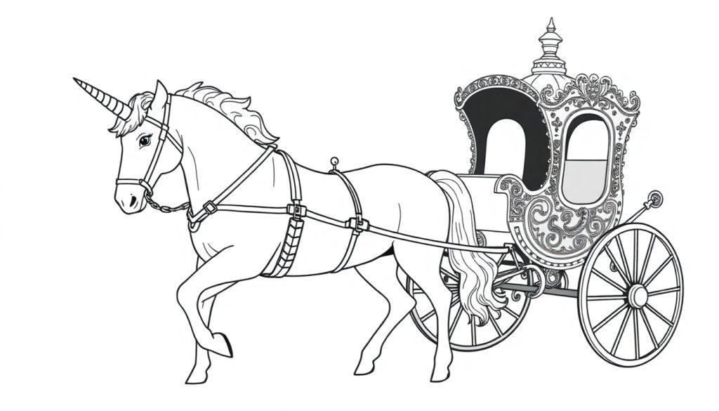 Kleurplaat van een sierlijke eenhoorn die een prachtig versierde koets trekt met een bolvormige bovenkant.