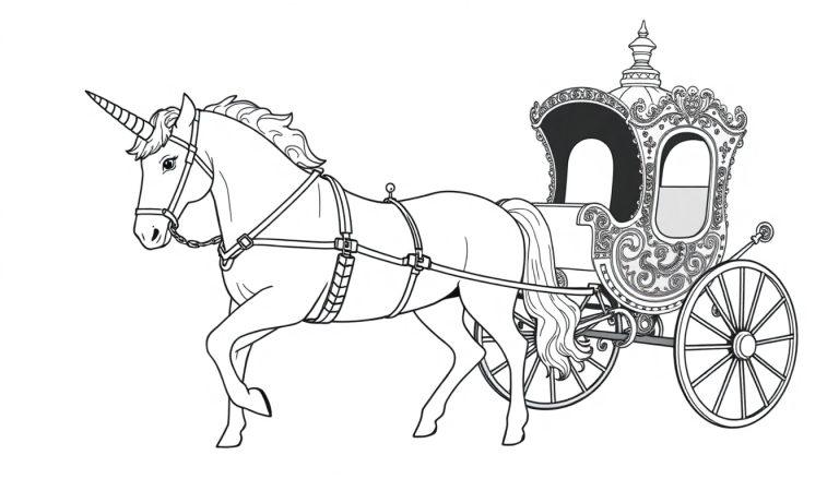 Kleurplaat van een sierlijke eenhoorn die een prachtig versierde koets trekt met een bolvormige bovenkant.