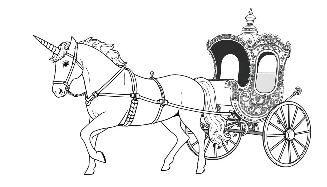 Kleurplaat van een sierlijke eenhoorn die een prachtig versierde koets trekt met een bolvormige bovenkant.