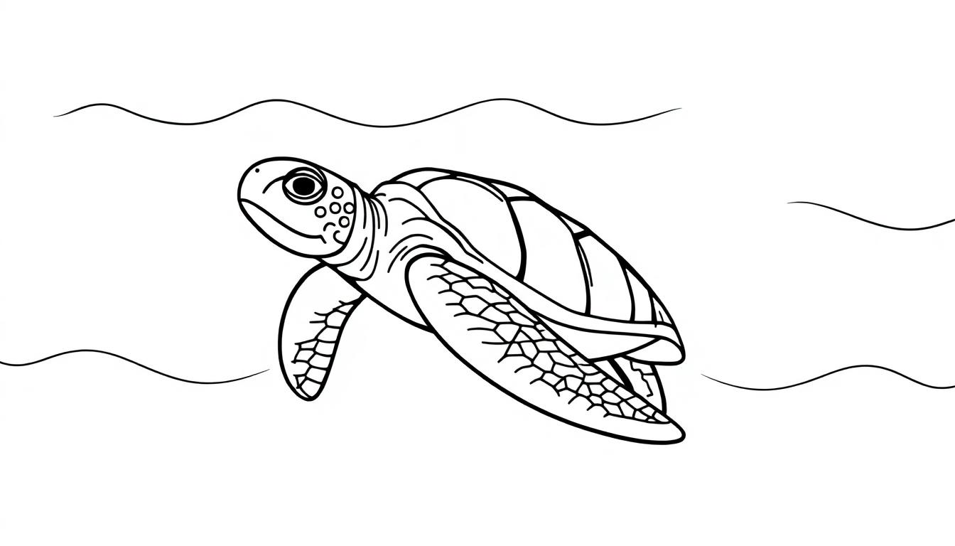 Kleurplaat van een zwemmende zeeschildpad met een gedetailleerd patroon en golvend water op de achtergrond.