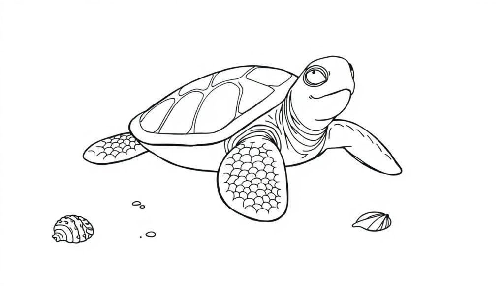 Zwart-wit tekening van een zeeschildpad met een gedetailleerd schild en kleine onderwaterdetails, ideaal als kleurplaat.
