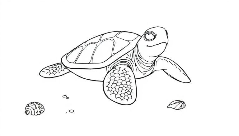 Zwart-wit tekening van een zeeschildpad met een gedetailleerd schild en kleine onderwaterdetails, ideaal als kleurplaat.