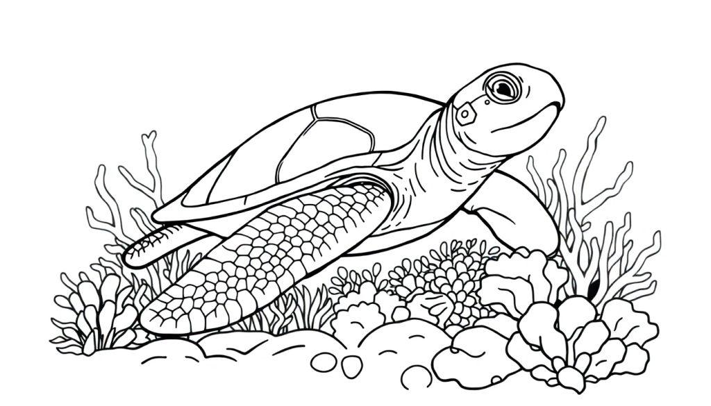 Kleurplaat van een zeeschildpad met koraal en zeewier in een onderwaterwereld.