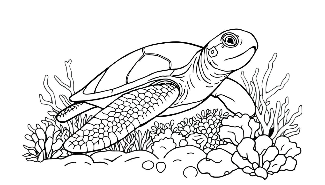 Kleurplaat van een zeeschildpad met koraal en zeewier in een onderwaterwereld.