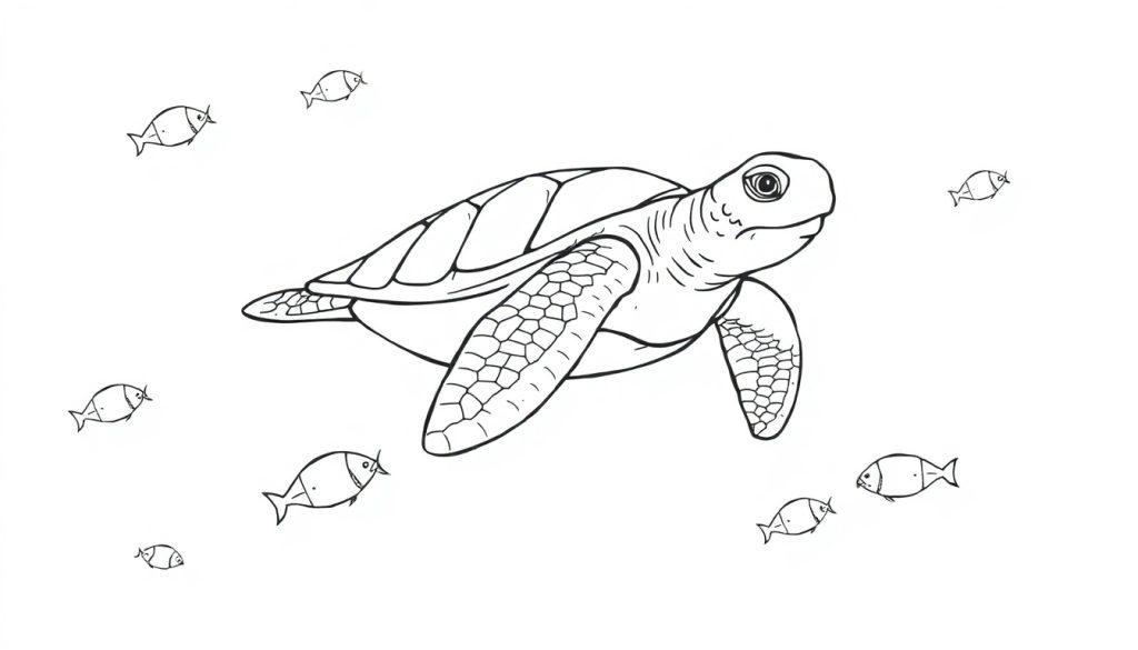 Kleurplaat van een zeeschildpad met schubben op het schild, omringd door kleine vissen.