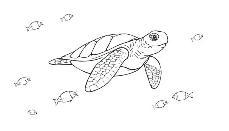 Kleurplaat van een zeeschildpad met schubben op het schild, omringd door kleine vissen.