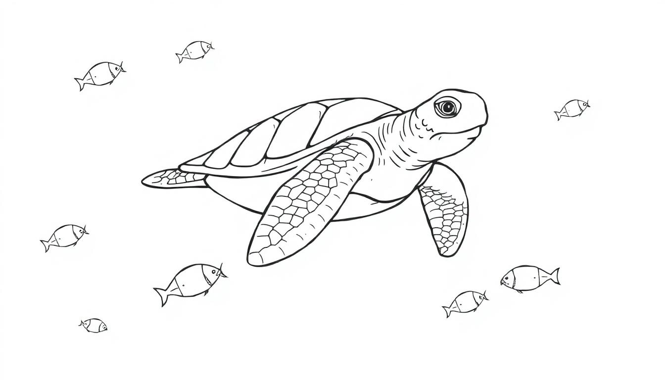 Kleurplaat van een zeeschildpad met schubben op het schild, omringd door kleine vissen.