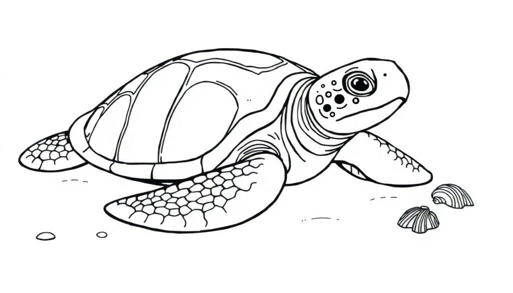 Een zwart-wit kleurplaat van een zeeschildpad met een gedetailleerd schild, grote ogen en schubachtige poten. Op de grond liggen schelpen en steentjes.