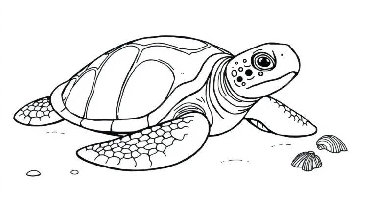 Een zwart-wit kleurplaat van een zeeschildpad met een gedetailleerd schild, grote ogen en schubachtige poten. Op de grond liggen schelpen en steentjes.