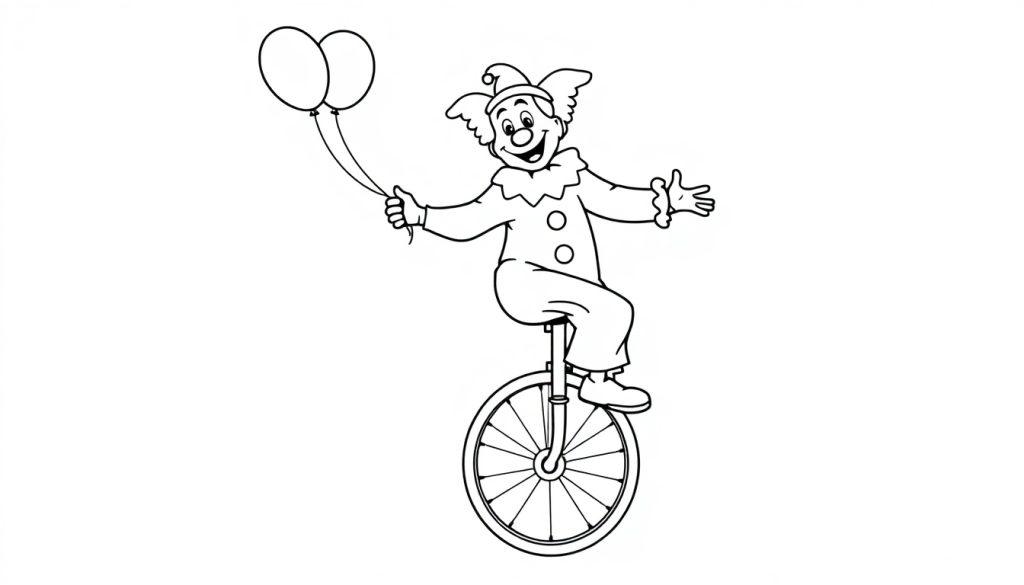 Kleurplaat van een vrolijke clown op een eenwieler met ballonnen in zijn hand.