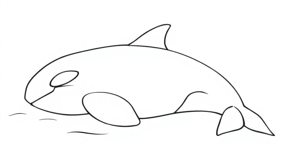 Een zwart-wit kleurplaat van een orka die op het strand ligt alsof hij ligt te zonnebaden.