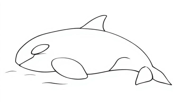 Een zwart-wit kleurplaat van een orka die op het strand ligt alsof hij ligt te zonnebaden.