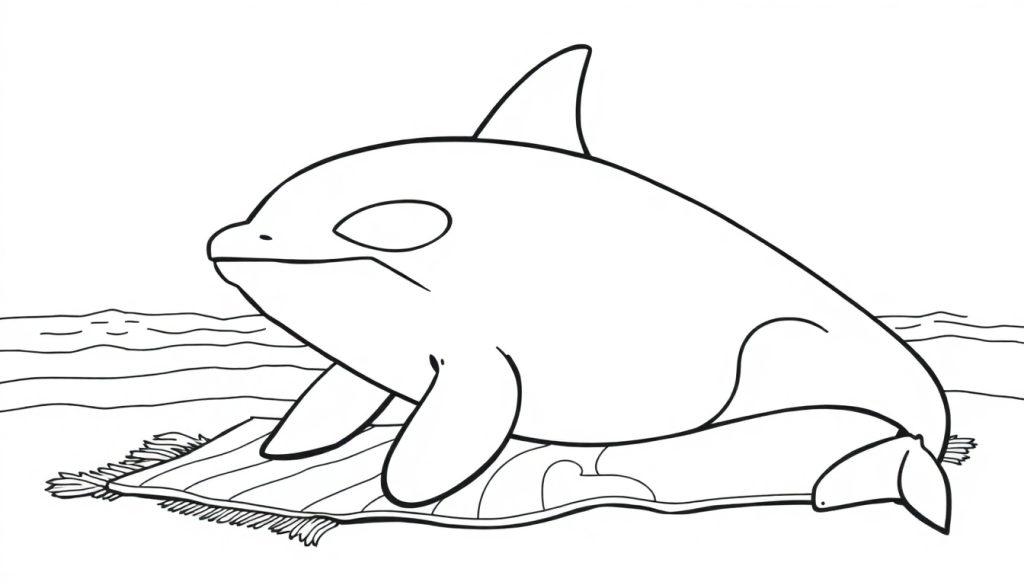 Kleurplaat van een orka die op een strandlaken ligt te zonnebaden, met de zee op de achtergrond.
