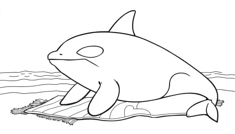 Kleurplaat van een orka die op een strandlaken ligt te zonnebaden, met de zee op de achtergrond.