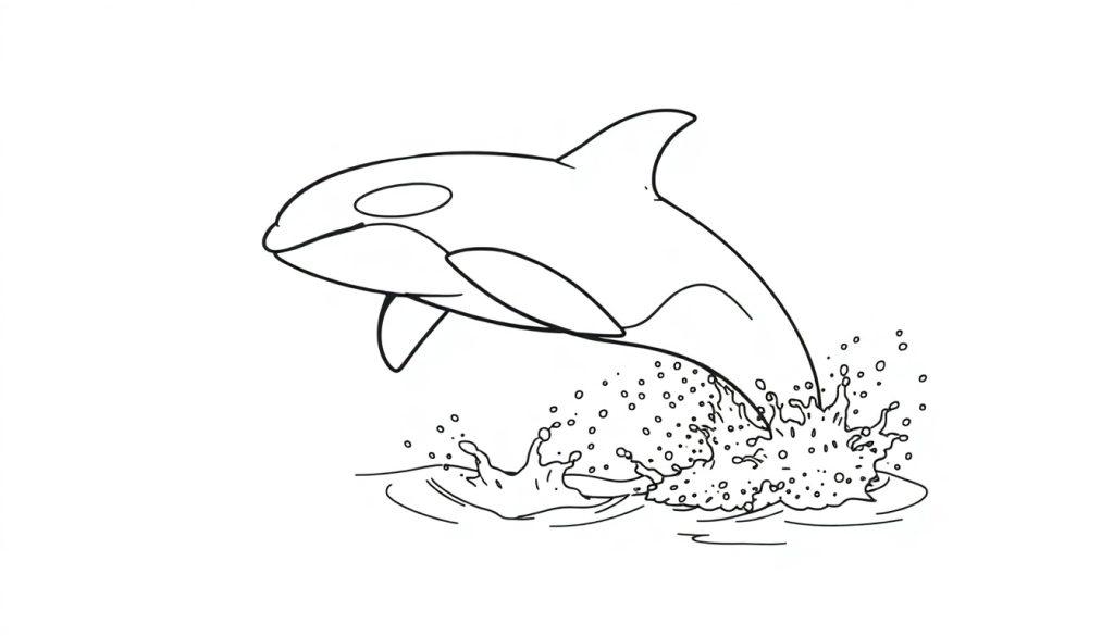 Kleurplaat van een springende orka boven opspattend water.