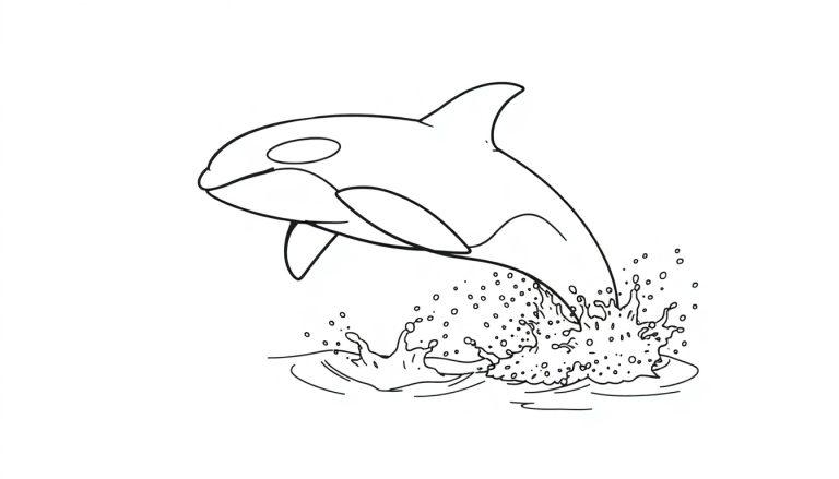 Kleurplaat van een springende orka boven opspattend water.