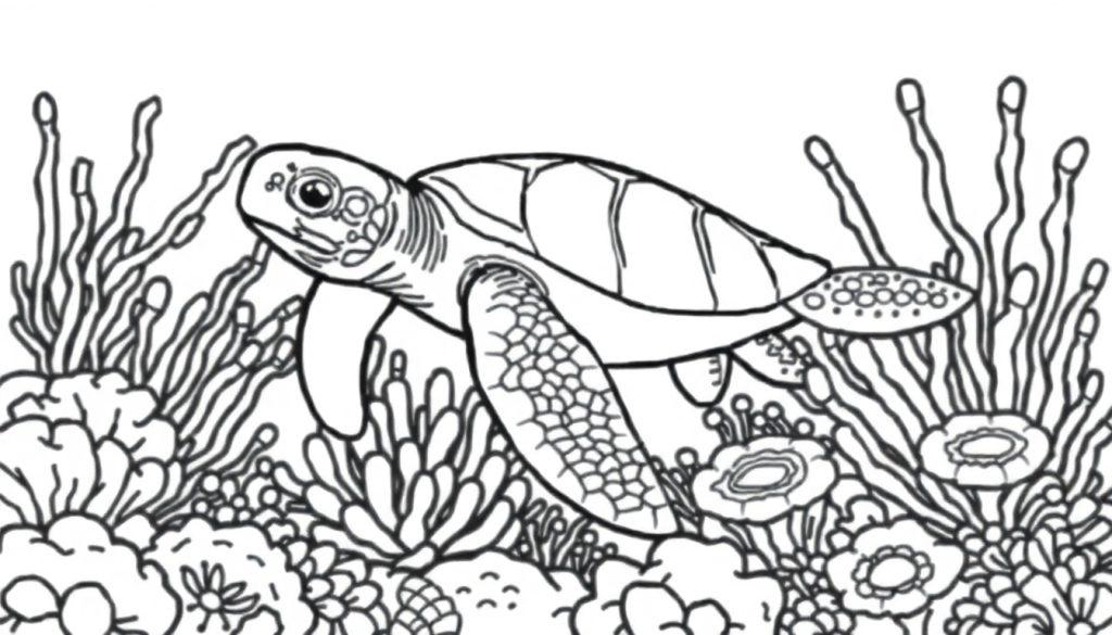 Kleurplaat van een zwemmende zeeschildpad met koraal en zeewieren.