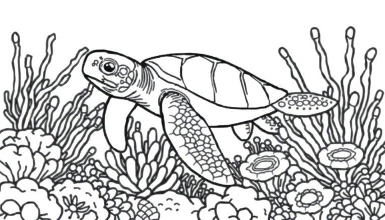 Kleurplaat van een zwemmende zeeschildpad met koraal en zeewieren.