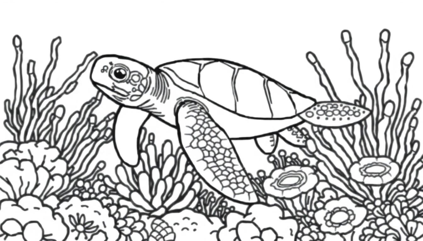 Kleurplaat van een zwemmende zeeschildpad met koraal en zeewieren.