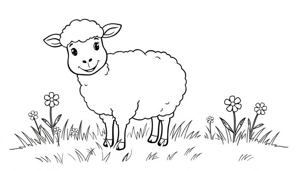 Kleurplaat van een vrolijk schaap in een grasveld met bloemen eromheen.