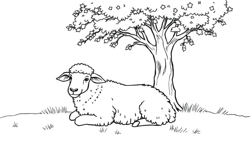 Een vrolijke zwart-wit kleurplaat van een schaap dat ligt in het gras onder een boom, klaar om ingekleurd te worden.