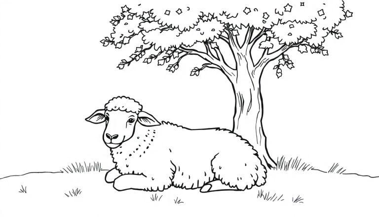Een vrolijke zwart-wit kleurplaat van een schaap dat ligt in het gras onder een boom, klaar om ingekleurd te worden.