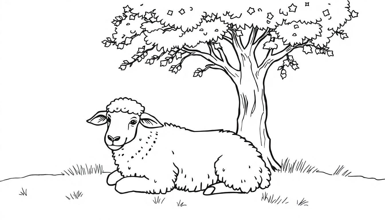 Een vrolijke zwart-wit kleurplaat van een schaap dat ligt in het gras onder een boom, klaar om ingekleurd te worden.