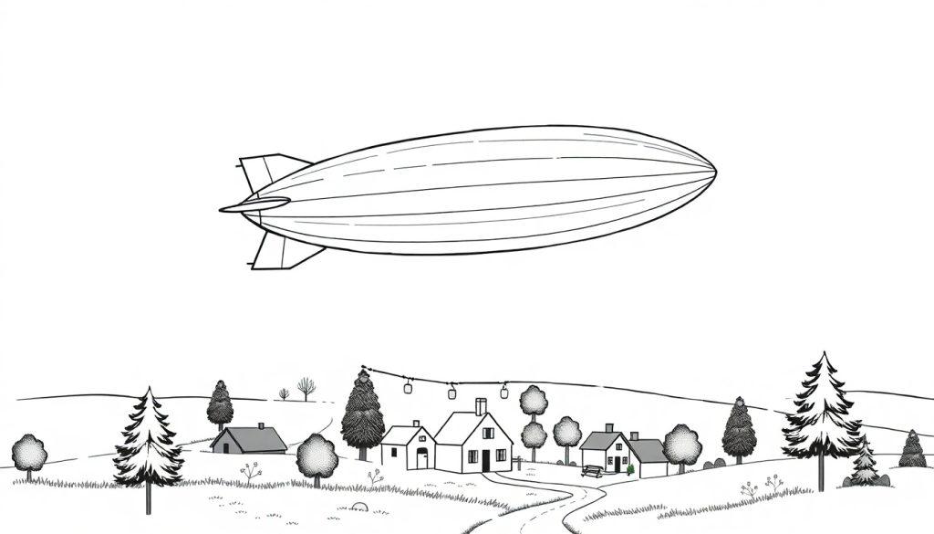 Kleurplaat van een landelijke omgeving met glooiende heuvels, bomen, eenvoudige huisjes en een grote zeppelin die erboven zweeft.