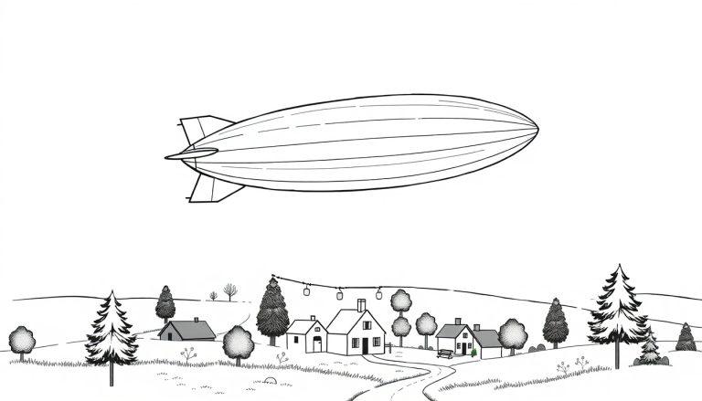 Kleurplaat van een landelijke omgeving met glooiende heuvels, bomen, eenvoudige huisjes en een grote zeppelin die erboven zweeft.