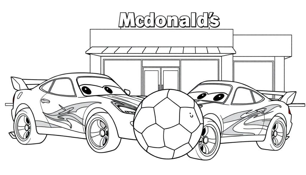 Kleurplaat van twee geanimeerde auto's met ogen die voetballen voor een McDonald's-restaurant.