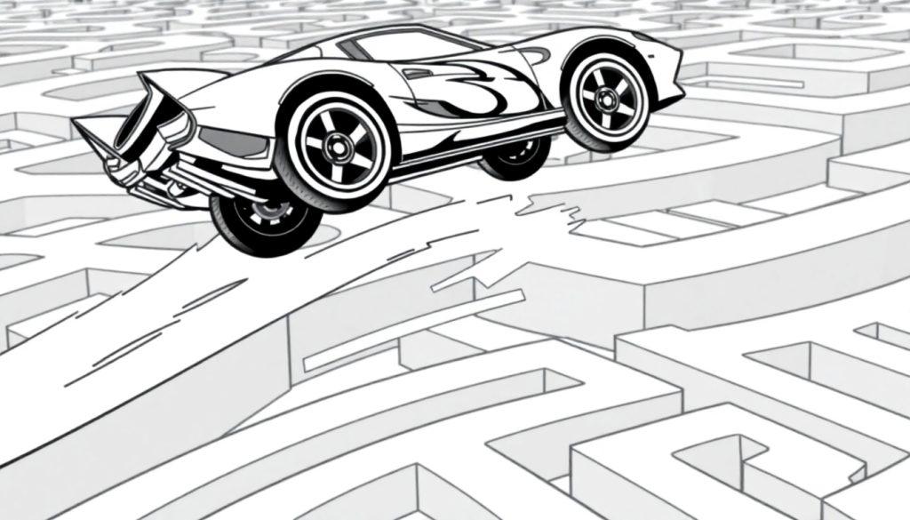 Zwart-wit kleurplaat van een sportieve auto met nummer 3 die een sprong maakt over een kloof in een ingewikkeld doolhof.