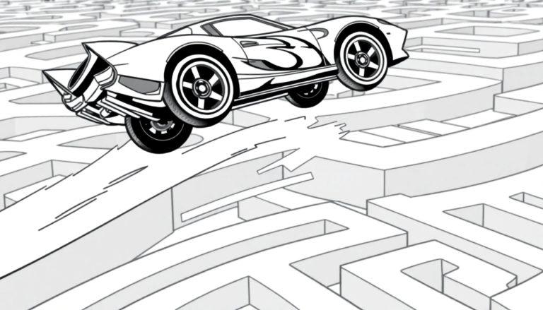 Zwart-wit kleurplaat van een sportieve auto met nummer 3 die een sprong maakt over een kloof in een ingewikkeld doolhof.