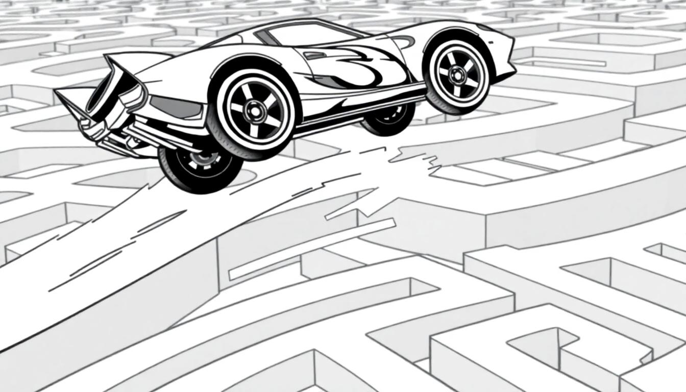 Zwart-wit kleurplaat van een sportieve auto met nummer 3 die een sprong maakt over een kloof in een ingewikkeld doolhof.