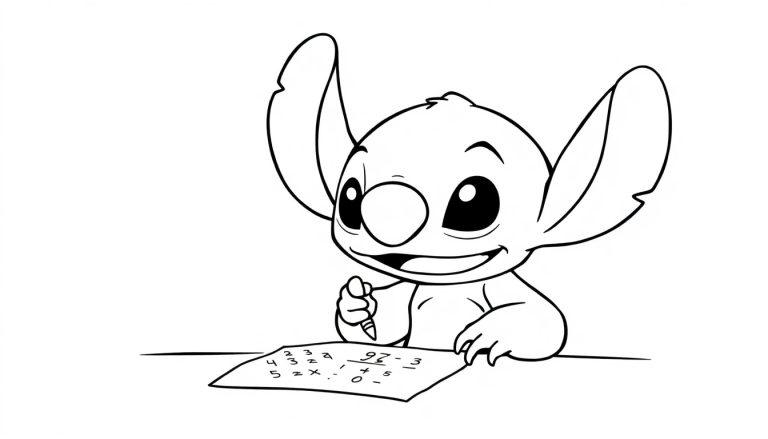 Een kleurplaat van een schattig wezen met grote ogen en lange oren dat lachend sommen uitrekent met een potlood aan tafel.